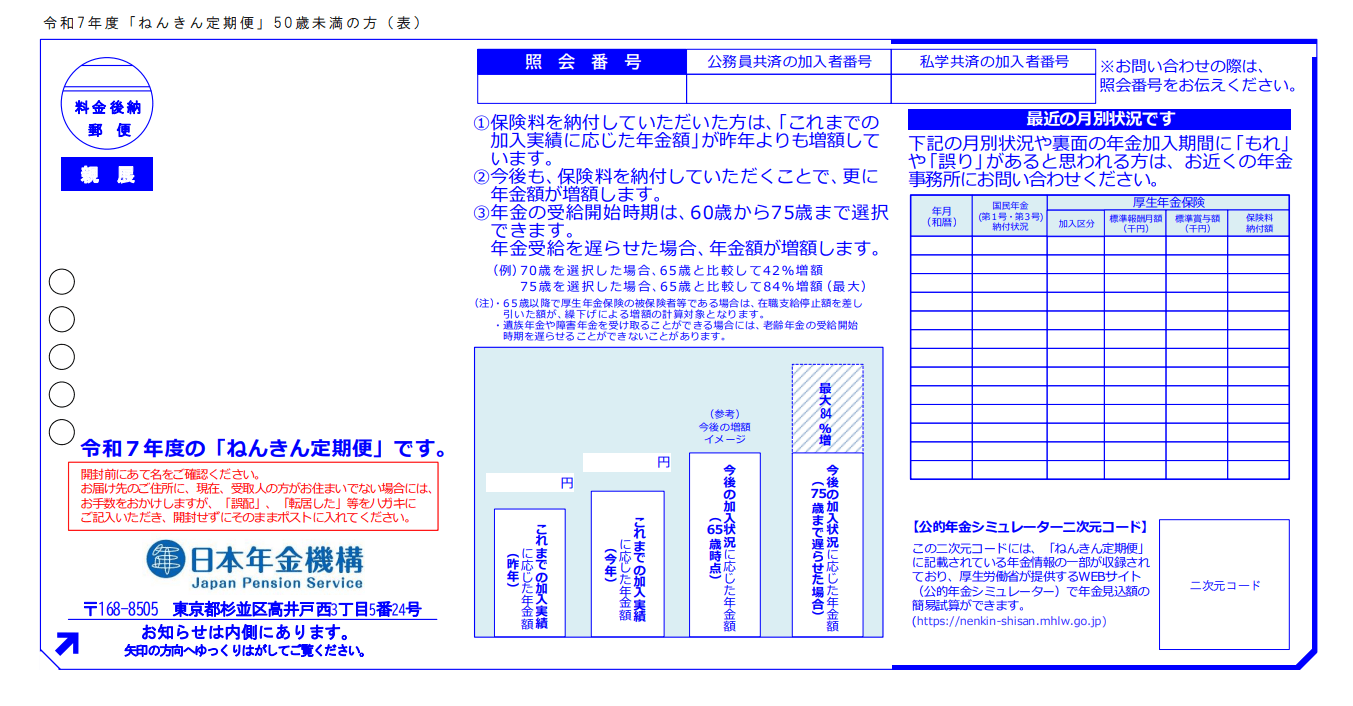 「ねんきん定期便」のハガキ形式（50歳未満の人）のサンプル（令和7年度送付分）