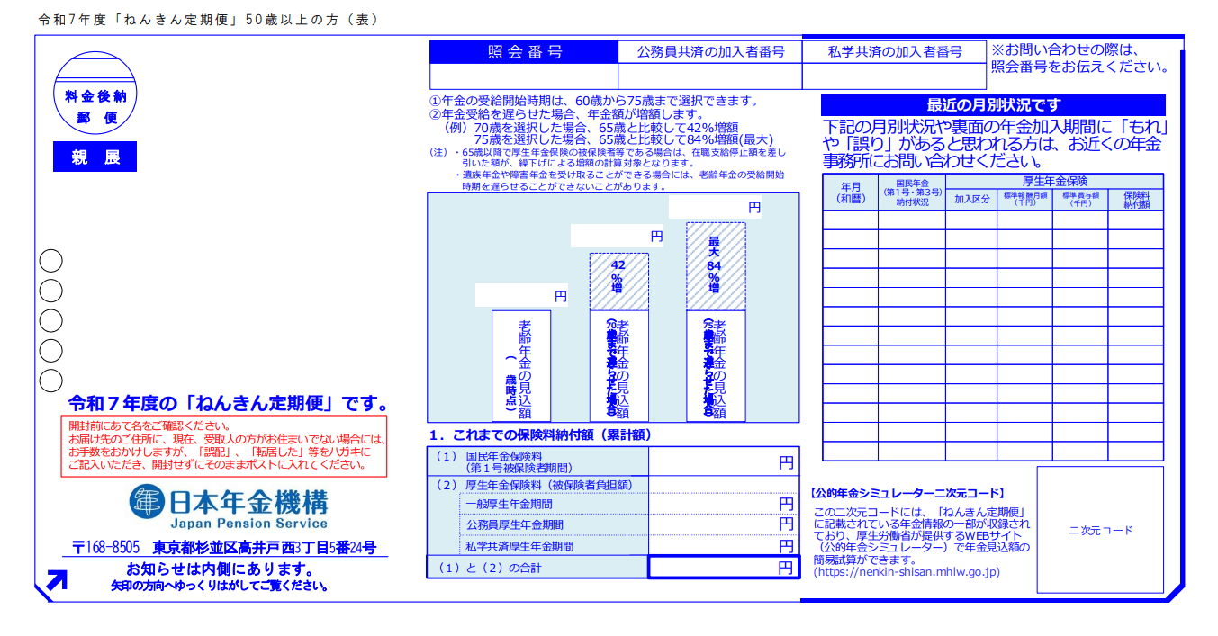 「ねんきん定期便」のハガキ形式（50歳以上の人）のサンプル（令和7年度送付分）