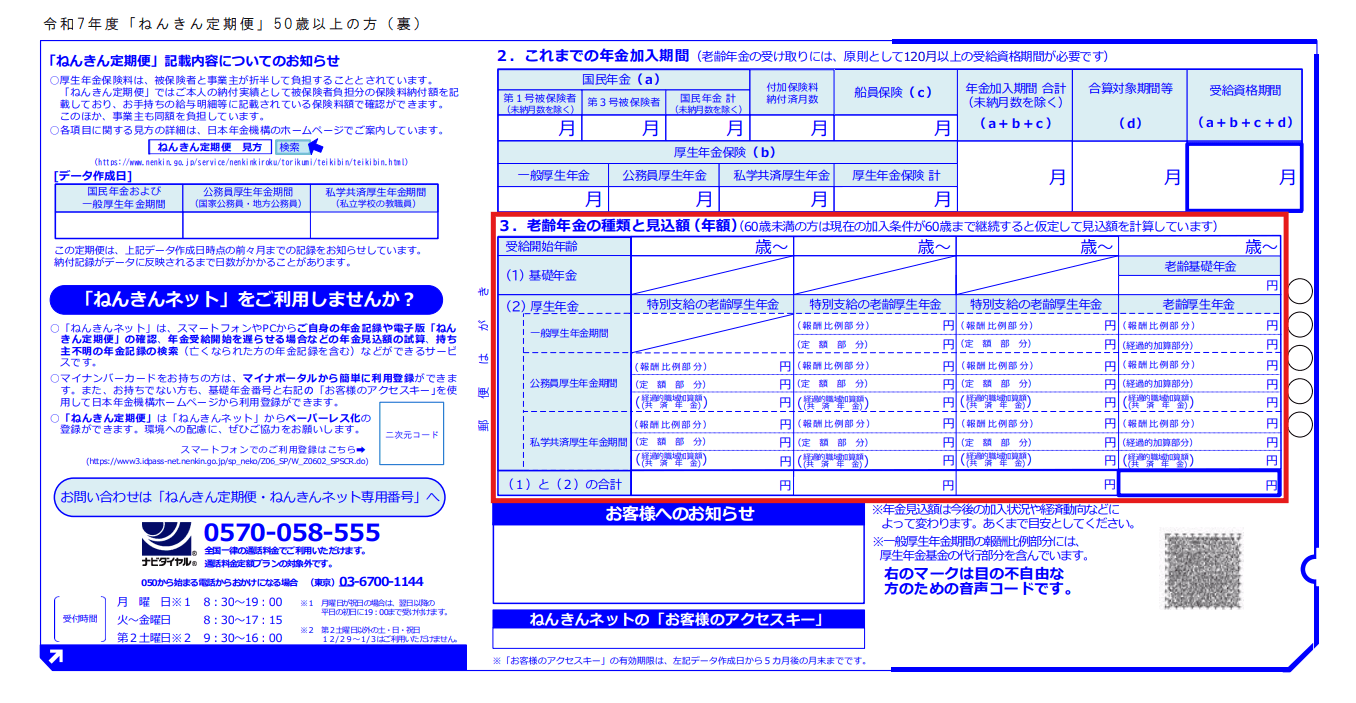 「ねんきん定期便」のハガキ形式（50歳以上の人）のサンプル（令和7年度送付分）